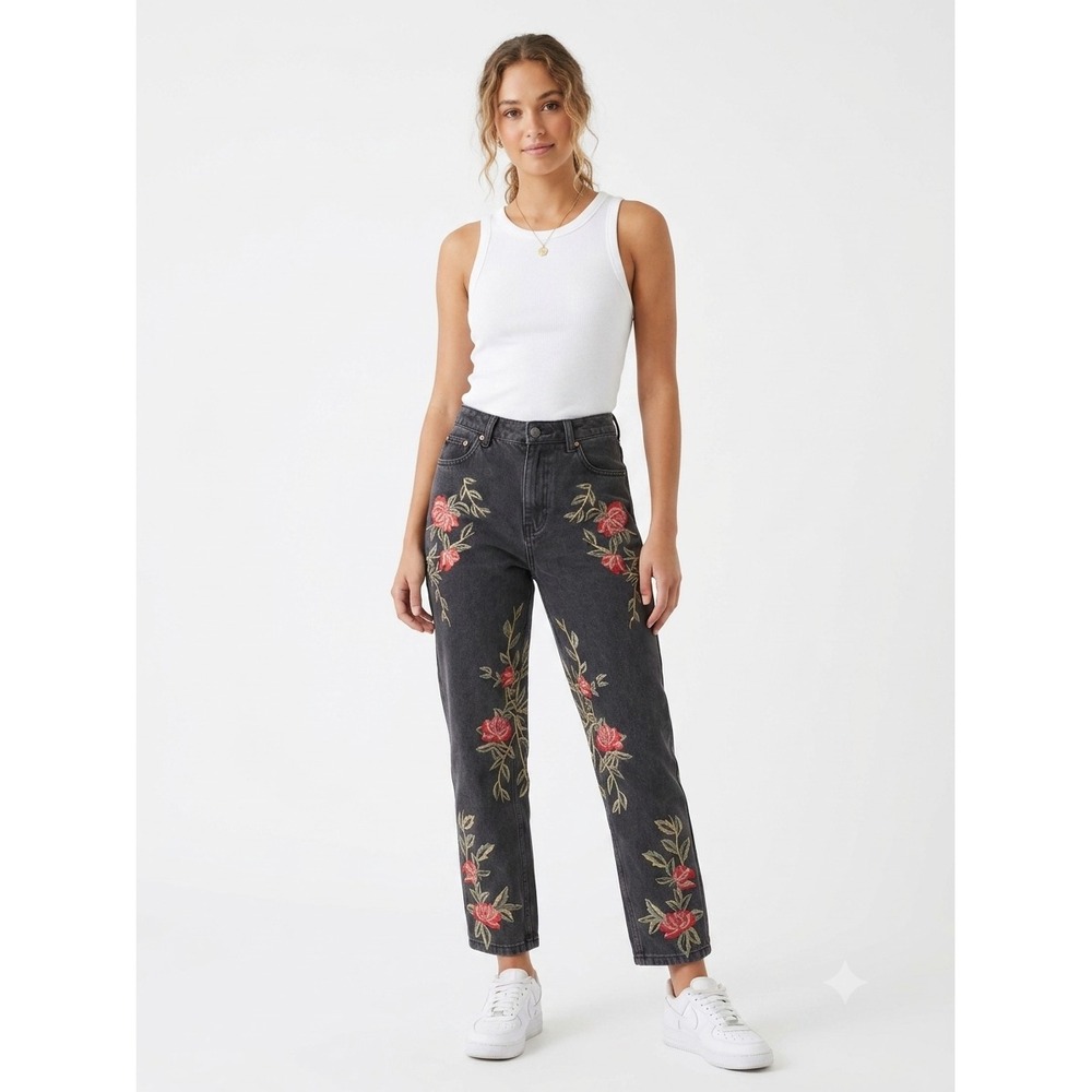 Topshop Moto Mom Jeans Womens 26x30 Black Denim Embroidered Floral High Rise